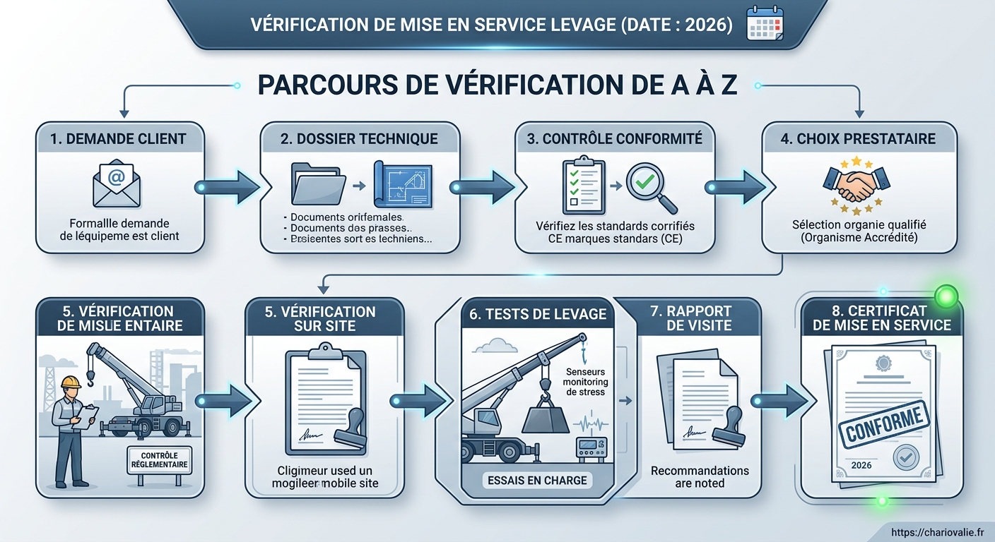 Schéma du processus de vérification de mise en service levage et validation par prestataire qualifié