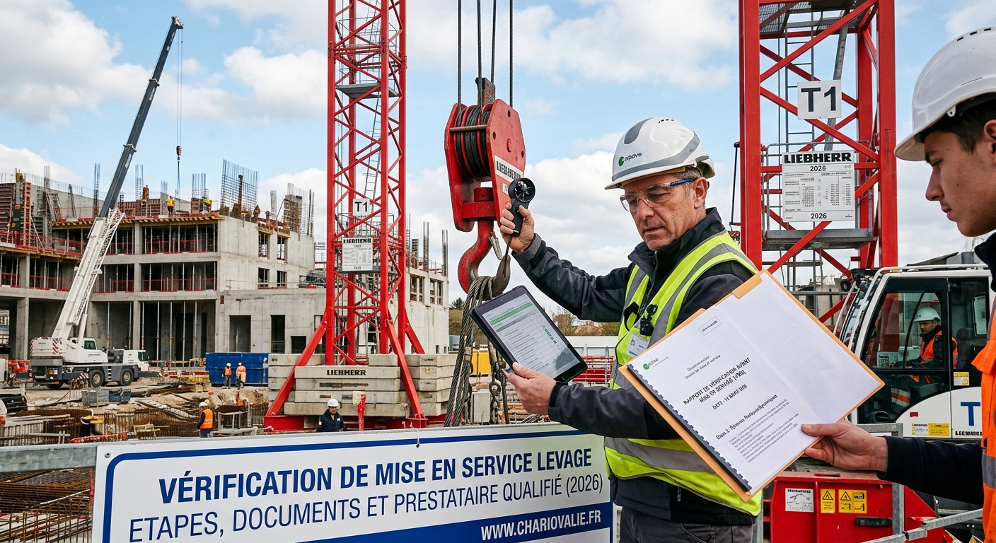 Technicien qualifié réalisant la vérification de mise en service d'un appareil de levage