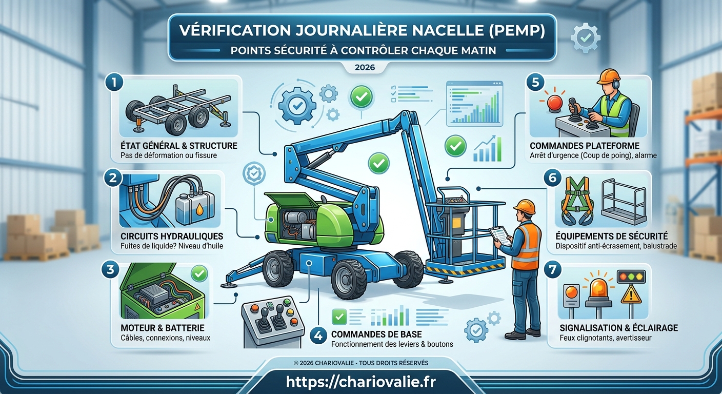 Schéma des points de contrôle journaliers nacelle élévatrice en 5 étapes clés