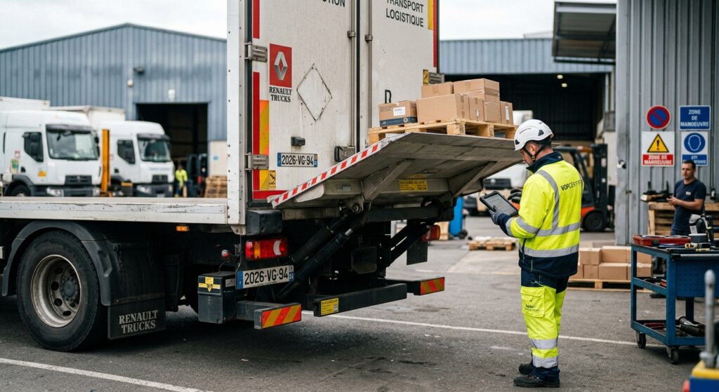 VGP Hayon Élévateur : Ce que dit la loi et vos obligations 4 Technicien effectuant le contrôle périodique d'un hayon élévateur de camion