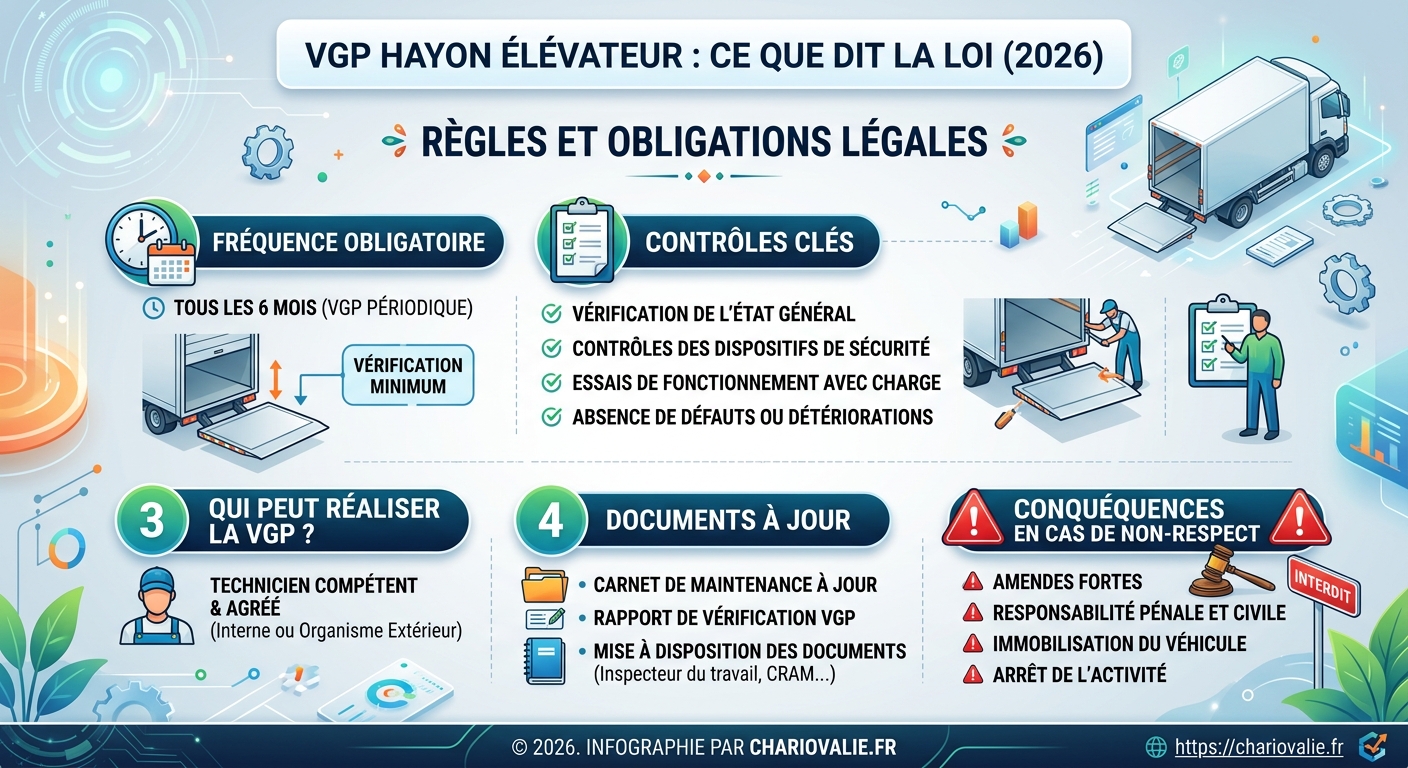 Infographie des étapes de la VGP pour hayon élévateur et points de contrôle réglementaires