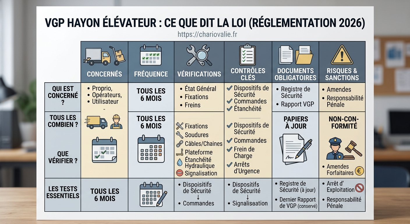 Tableau des obligations légales et périodicité semestrielle des VGP pour hayons élévateurs