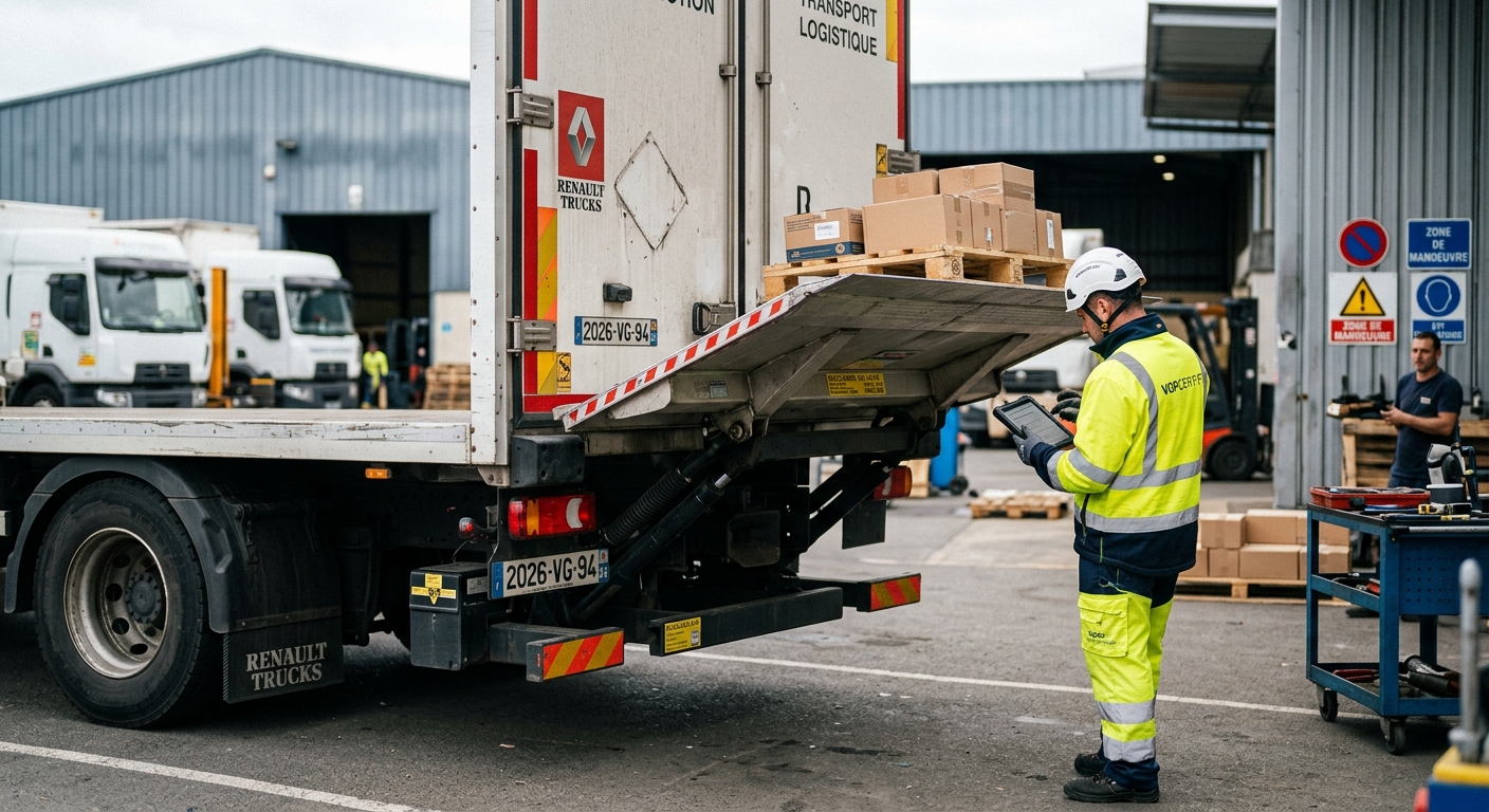 Technicien effectuant le contrôle VGP d'un hayon élévateur de camion selon la loi