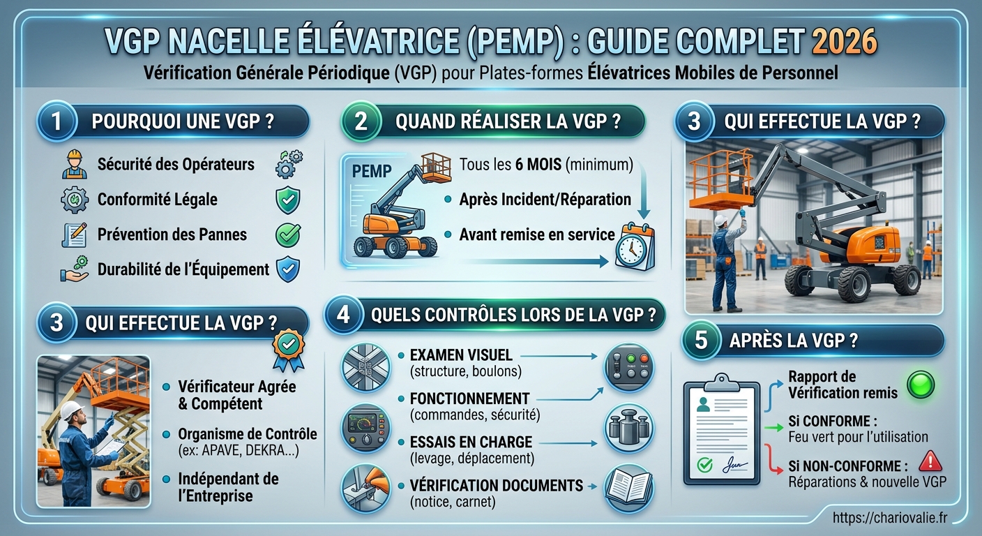 VGP Nacelle Élévatrice (PEMP) : Réglementation & Contrôle 4 Infographie des 5 étapes du processus de VGP pour nacelle PEMP