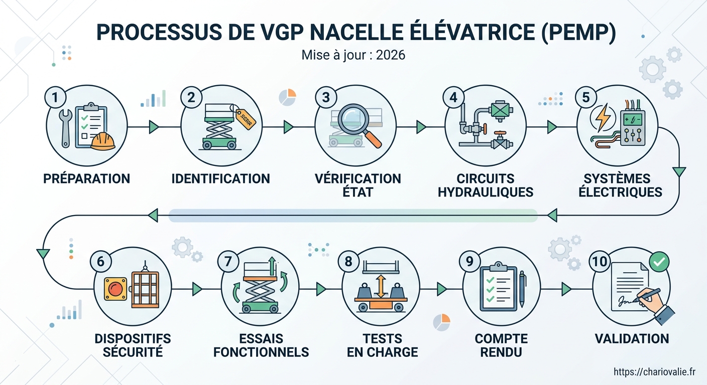 VGP Nacelle Élévatrice (PEMP) : Réglementation & Contrôle 5 Schéma des essais fonctionnels et tests de charge VGP nacelle PEMP