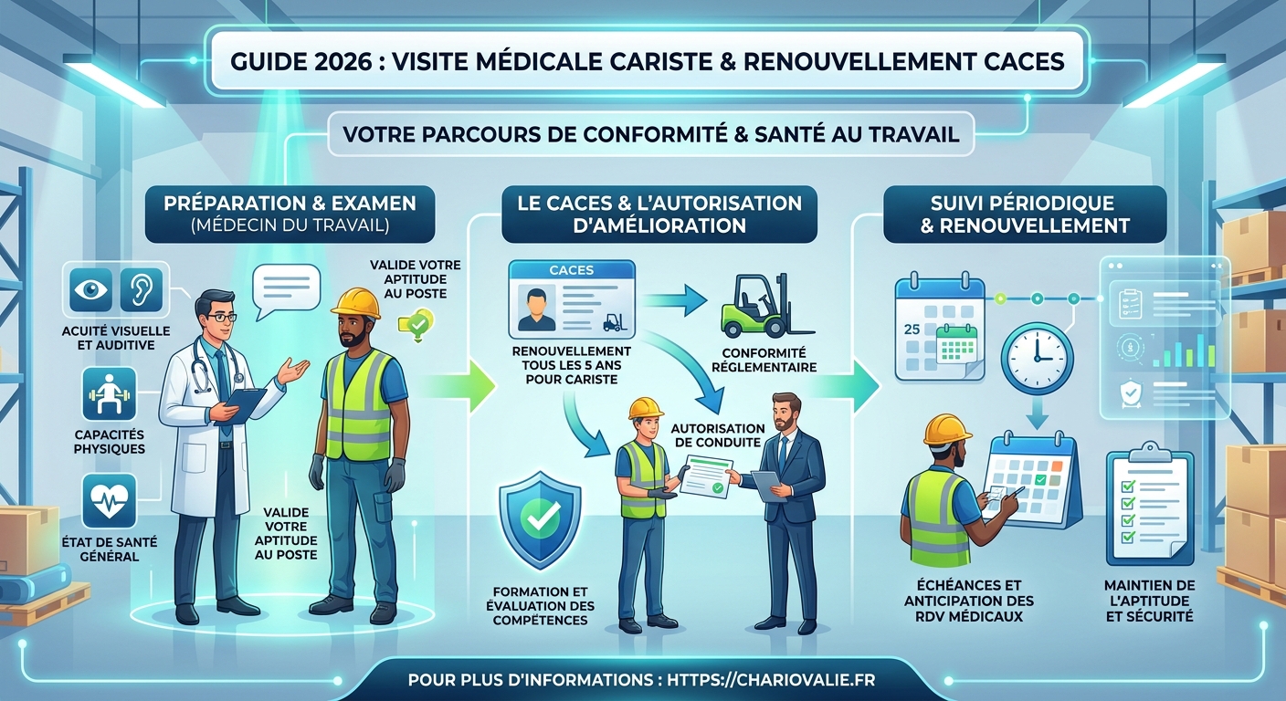 Infographie des étapes de la visite médicale pour le renouvellement du CACES et de l'aptitude cariste