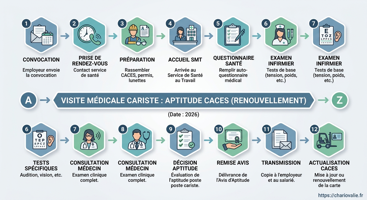 Schéma du processus de renouvellement de l'aptitude médicale cariste CACES en 2026