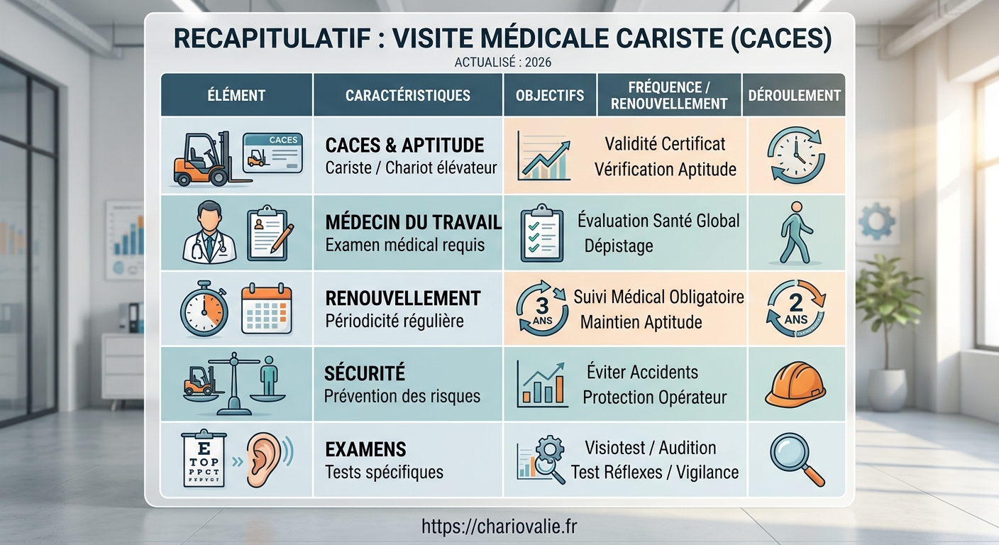 Tableau de synthèse des exigences de renouvellement d'aptitude médicale cariste CACES 2026