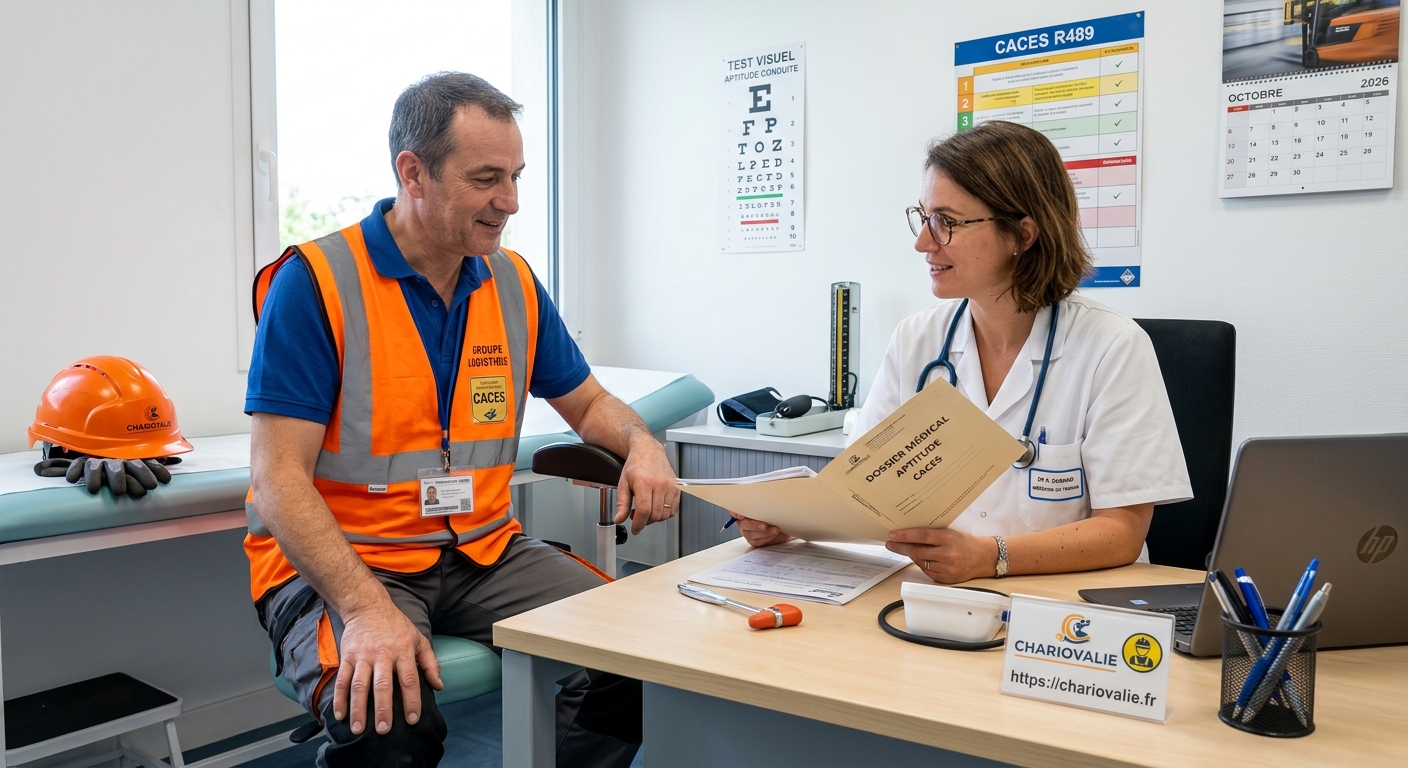 Médecin du travail réalisant la visite médicale cariste CACES pour l'aptitude