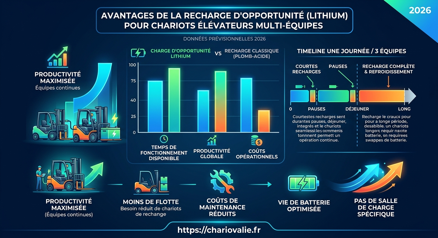Charge opportunité lithium chariot multi-équipes : avantages 4 Graphique coûts et disponibilité chariot plomb vs lithium multi-équipes 24h