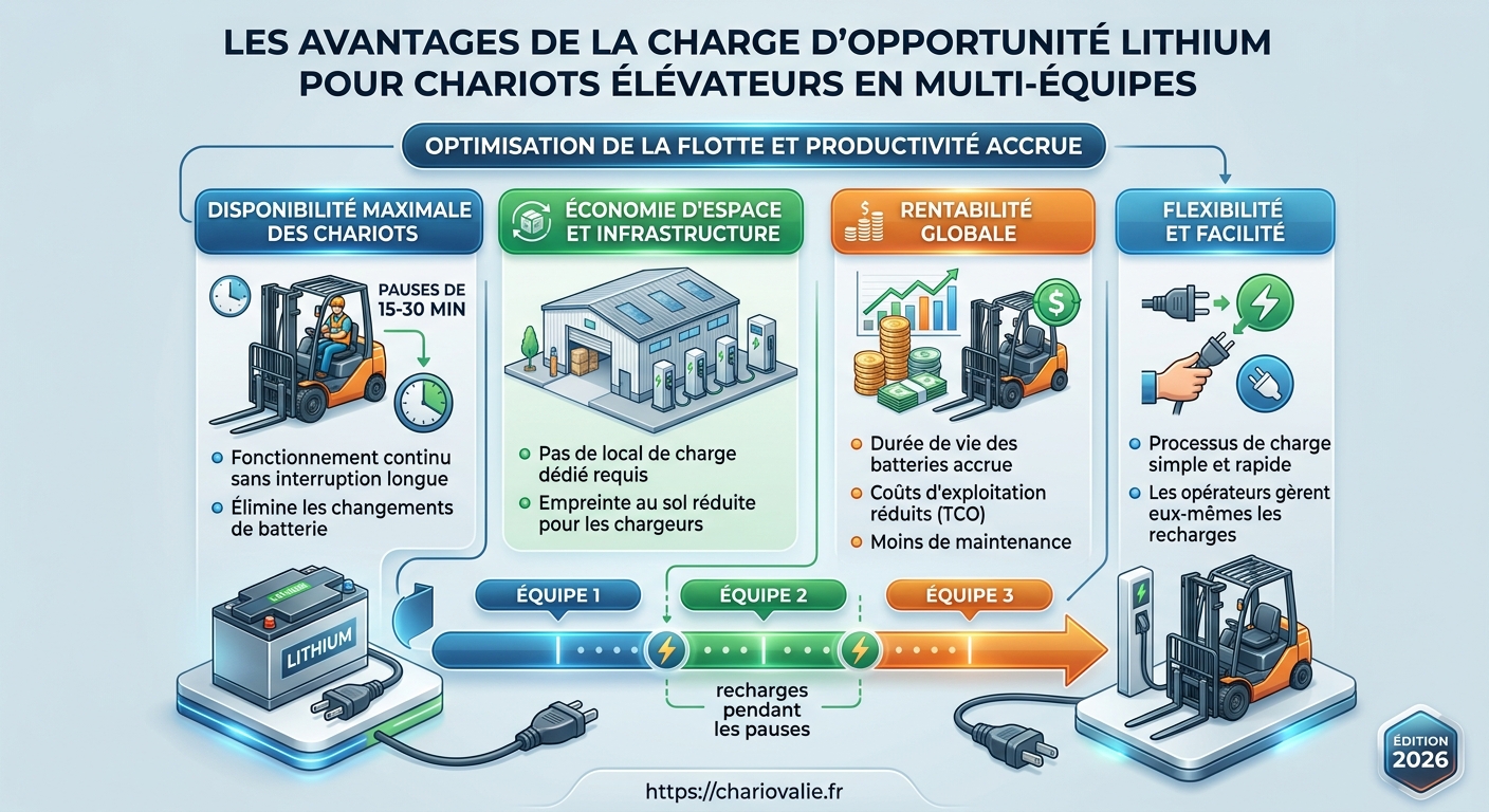 Charge opportunité lithium chariot multi-équipes : avantages 3 Infographie gains productivité charge opportunité lithium chariot multi-équipes 2026