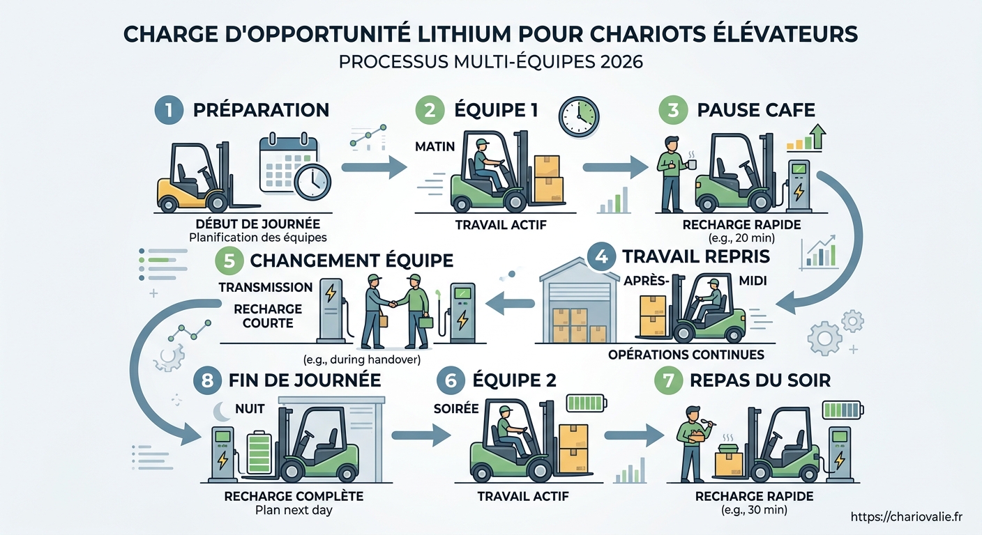 Charge opportunité lithium chariot multi-équipes : avantages 6 Schéma processus mise en place charge opportunité chariot élévateur lithium 2026
