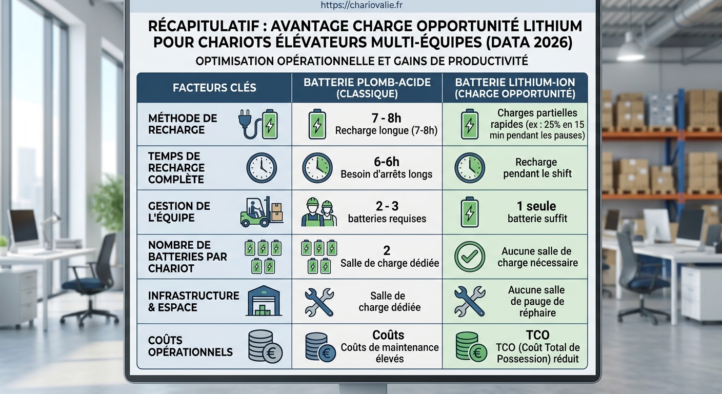 Charge opportunité lithium chariot multi-équipes : avantages 5 Tableau recharge opportunité lithium vs plomb chariot élévateur multi-équipes