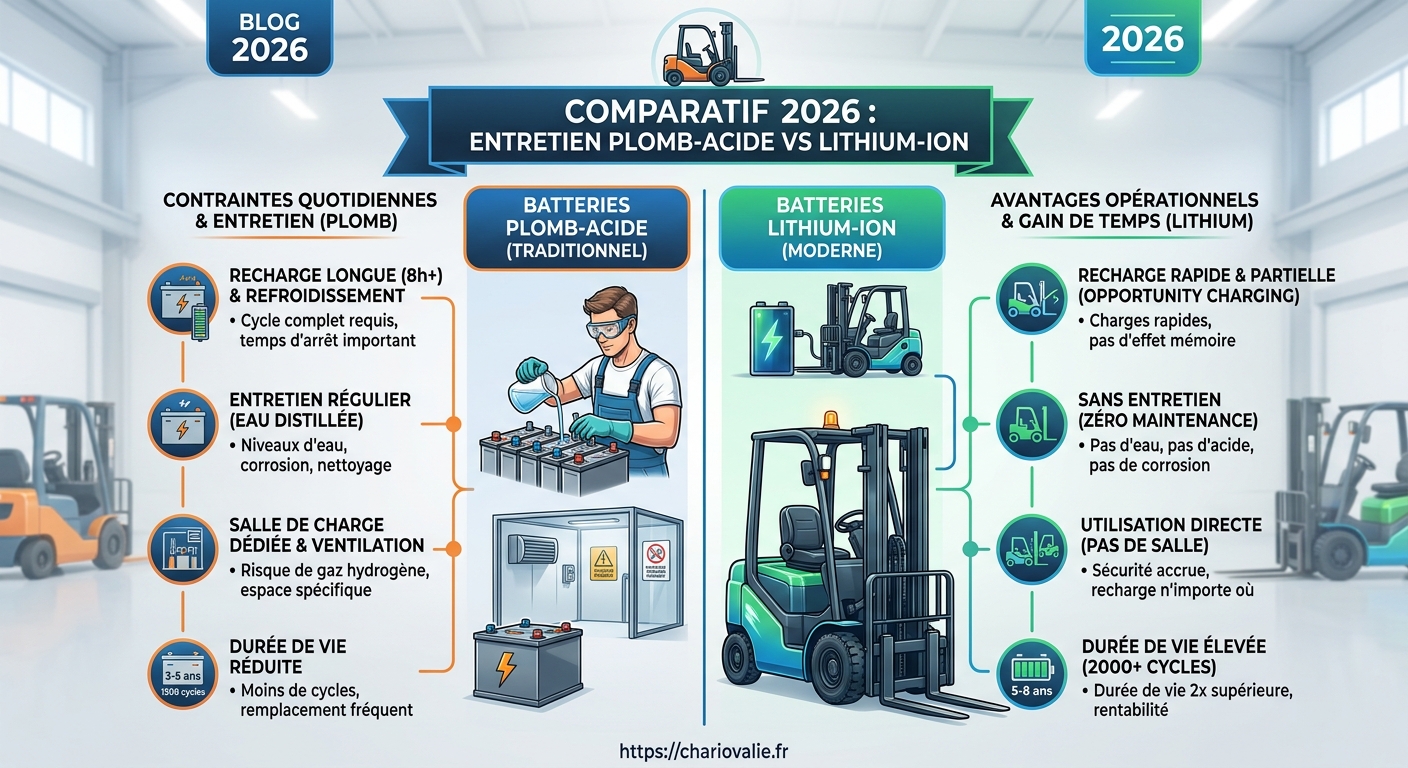 Infographie contraintes entretien batterie plomb chariot élévateur vs lithium