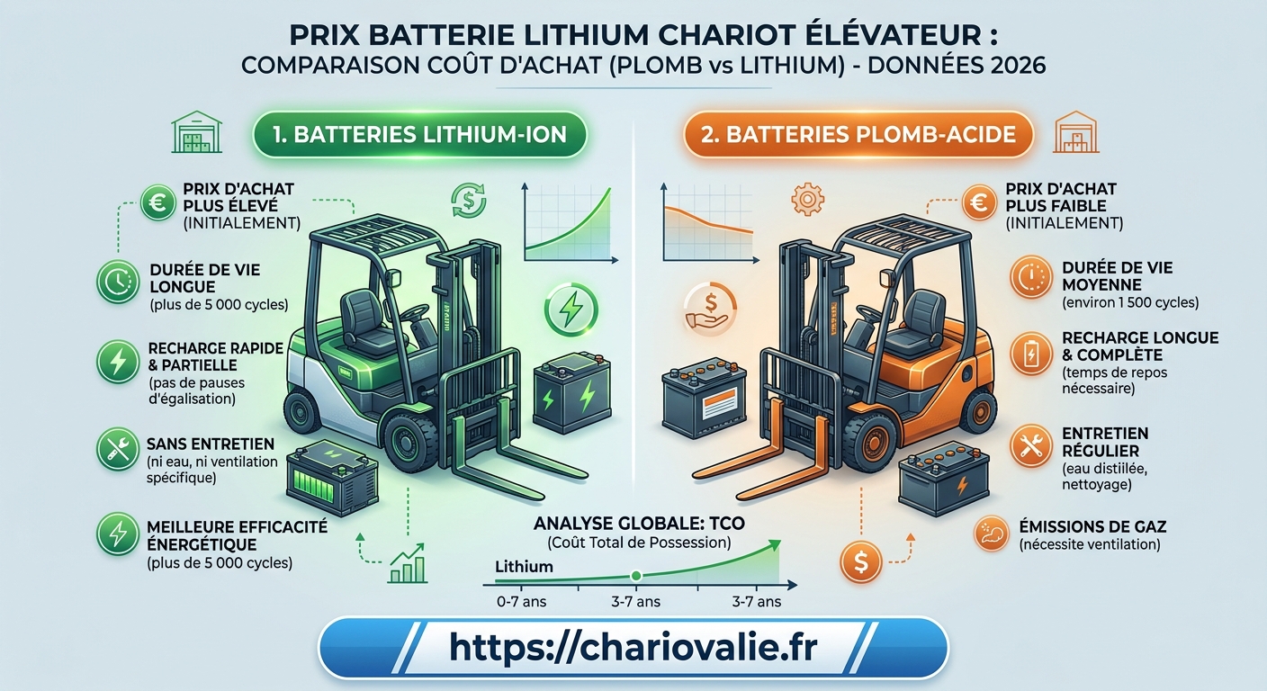 Prix Batterie Chariot : Plomb vs Lithium (TCO & ROI) 4 Infographie prix batterie lithium chariot élévateur et TCO plomb sur 4 piliers