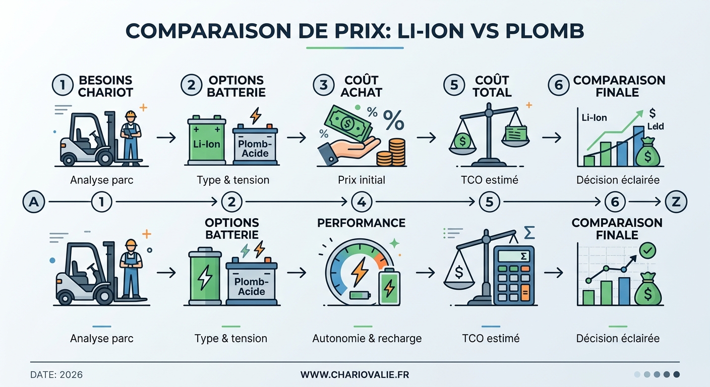 Prix Batterie Chariot : Plomb vs Lithium (TCO & ROI) 6 Schéma processus calcul ROI prix batterie lithium chariot élévateur vs plomb