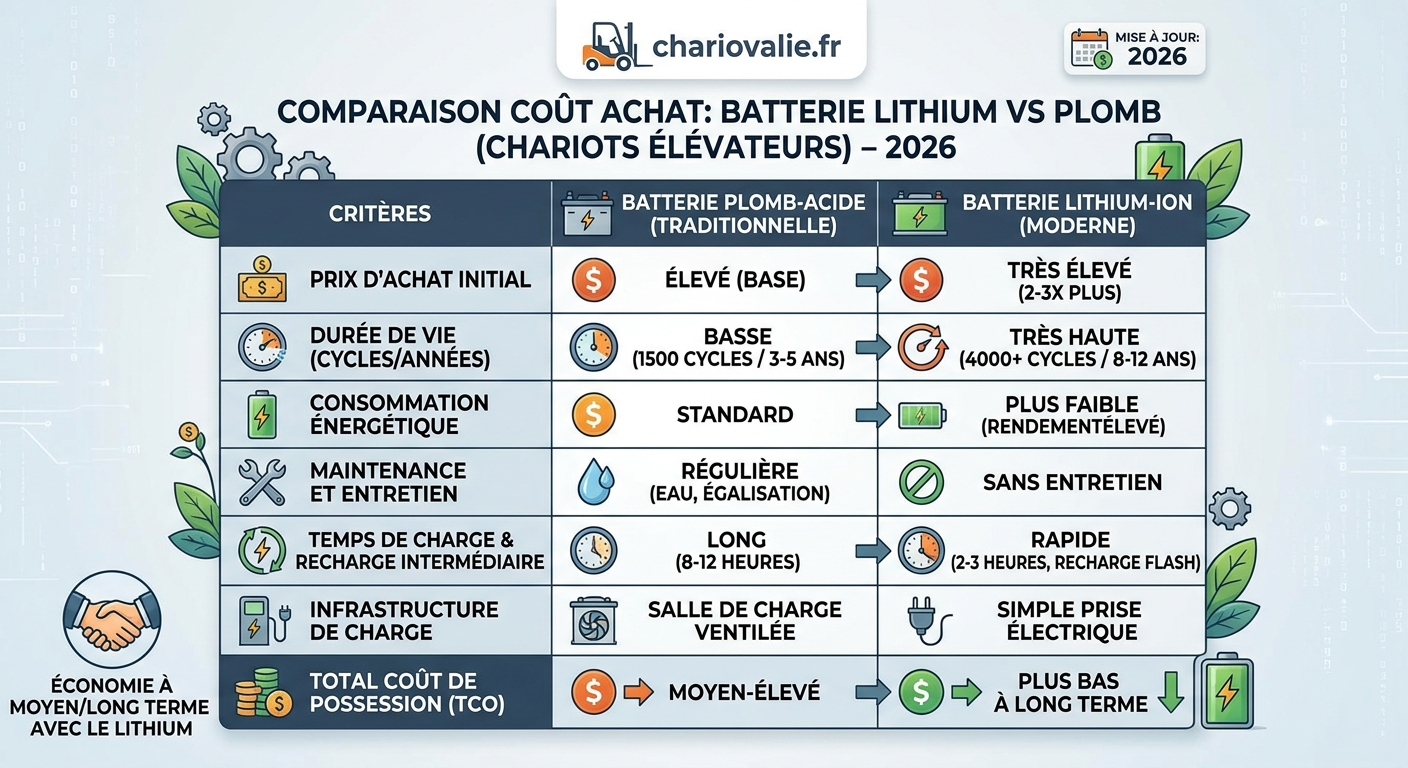 Prix Batterie Chariot : Plomb vs Lithium (TCO & ROI) 3 Tableau comparaison prix batterie lithium chariot élévateur et coût achat plomb