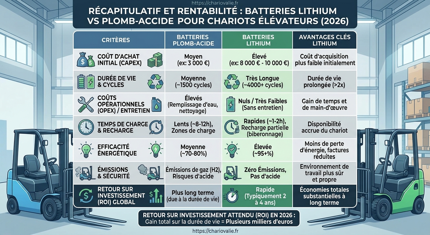 Tableau comparatif de rentabilité batterie lithium chariot élévateur vs plomb